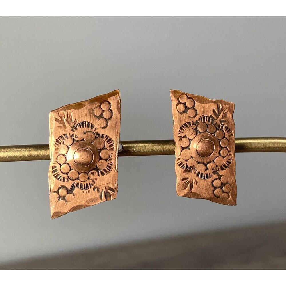 Vintage Embossed Copper Metal Work Floral Screw Back Clip On Earrings Western